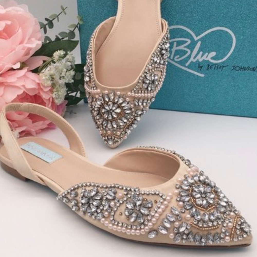 Embellished Nude Pointed Toe Slingback Flats